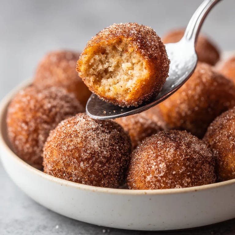 Ein weißer Teller mit Quarkbällchen, die in einem Airfryer zubereitet wurden.