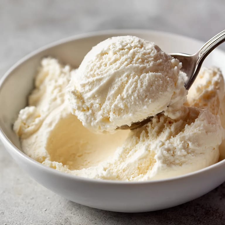 Ein Bogen Cottage Cheese Ice Cream wird aus einer Schüssel genommen.