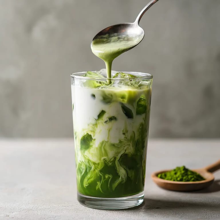 Ein Glas mit Iced Matcha Latte, das mit einem Löffel ausgestrichen wird.