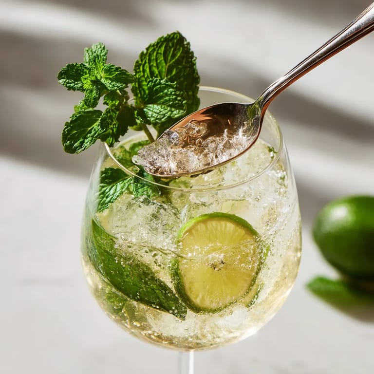 Ein Glas Hugo Spritz mit einer Garnierung aus Mint und Zitrone.