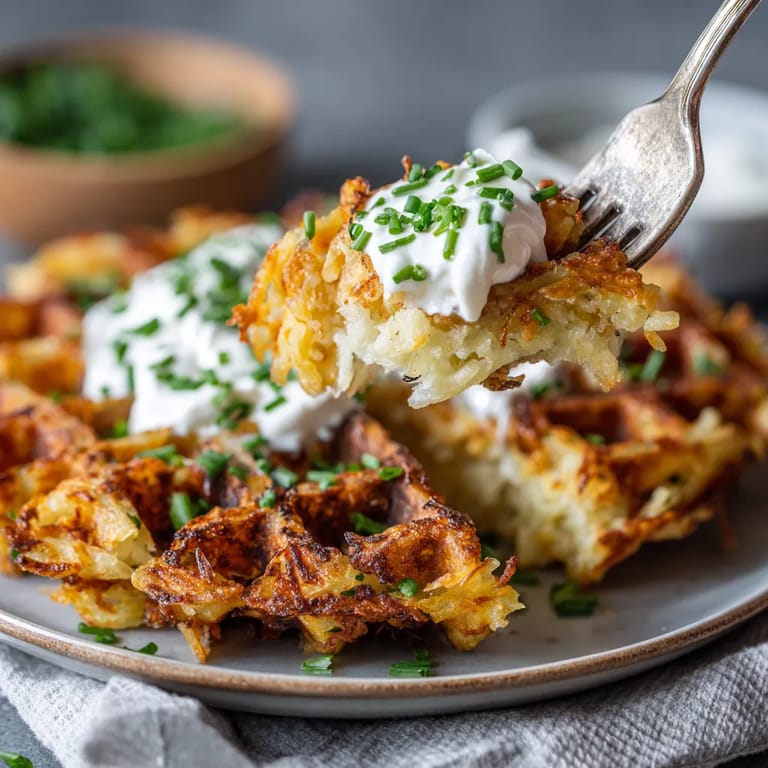 Ein Plate mit Waffeln, die mit Mayonnaise und Zwiebeln garniert sind.