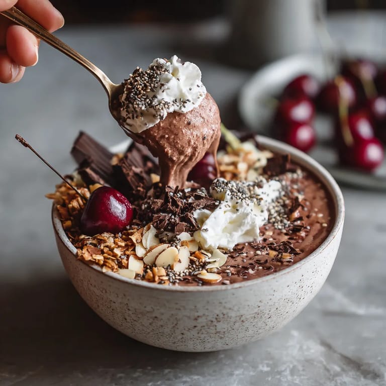 Ein schwarzer Forstkuchen Smoothie Bowl mit Schokoladensoße, Früchten und Nüssen.