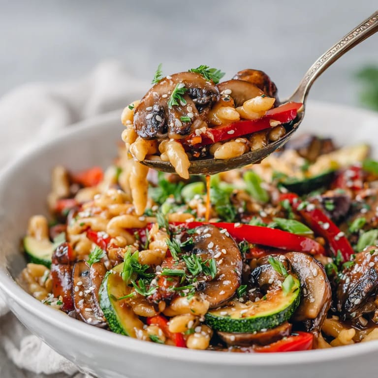 Ein weißer Teller mit einer Mischung aus Spätzle, Mushrooms und Zucchini.