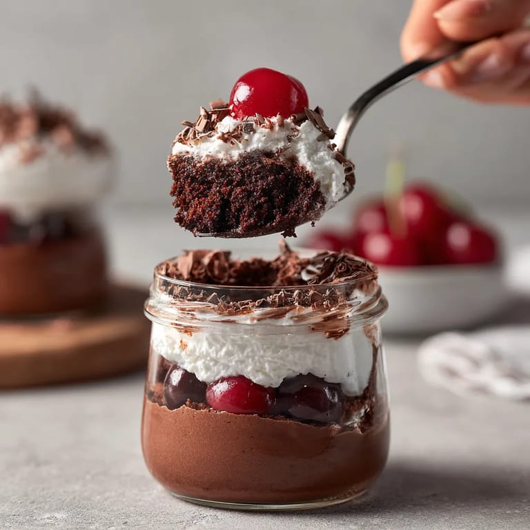 Ein Handgelenk greift in ein Glas mit Schokoladencake und Cherries.