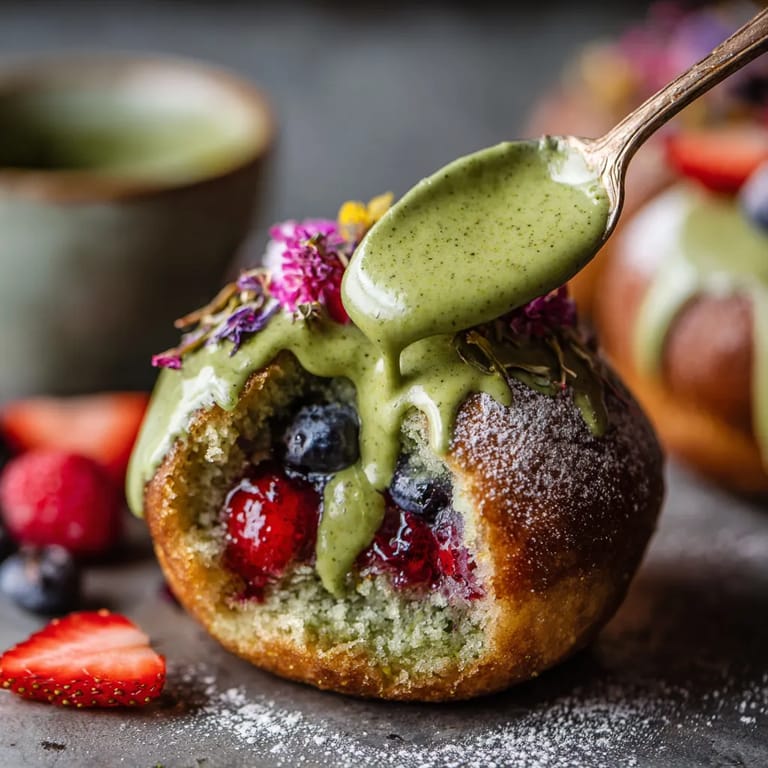 Ein Berliner Donut mit einer Schicht aus Matcha-Teig und frischen Beeren.