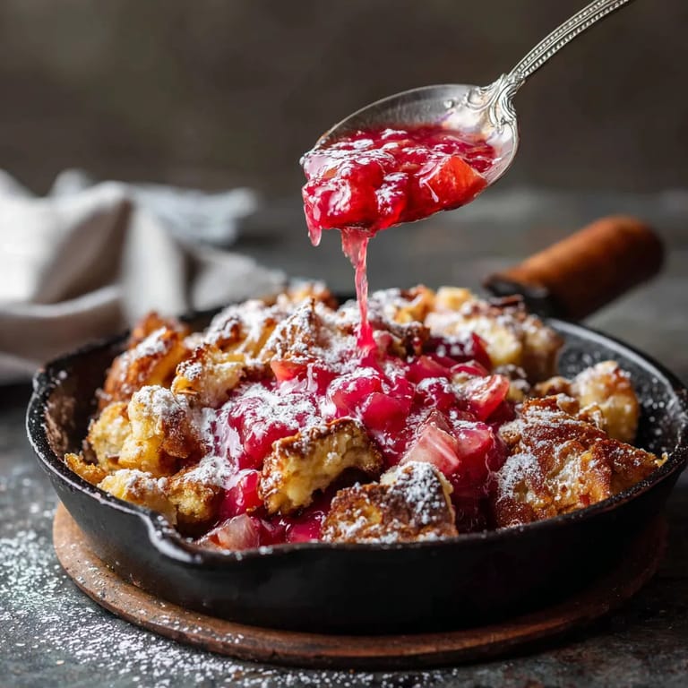 Ein Skillet mit Kaiserschmarrn, der mit einer Rhubarb-Compote garniert ist.