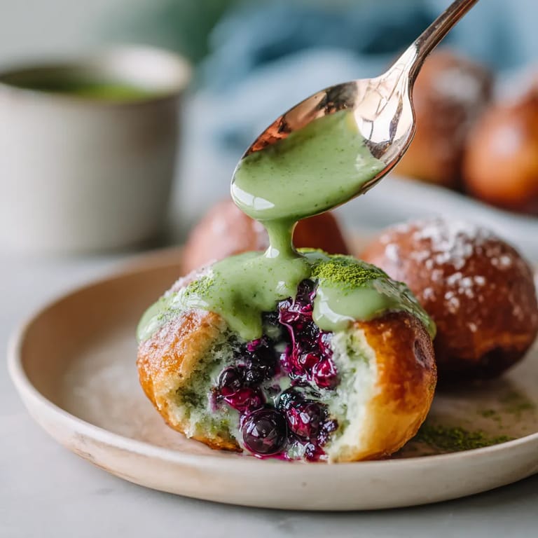 Ein Berliner Bombs mit einer Schicht von Matcha-Berry-Masse, die mit einer Gabel gestochen wird.