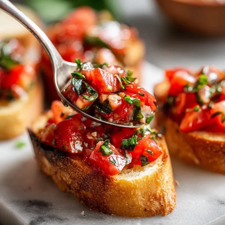 Ein Bruschetta mit Tomaten und Basilikum.