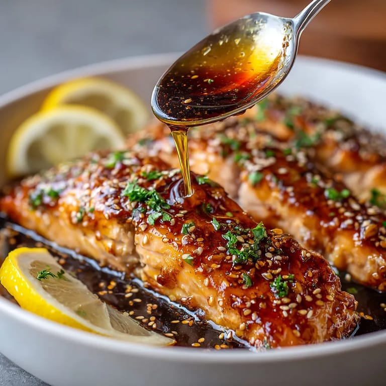 Ein weißer Teller mit Salmon, das mit Honig und Ingwer garniert ist.