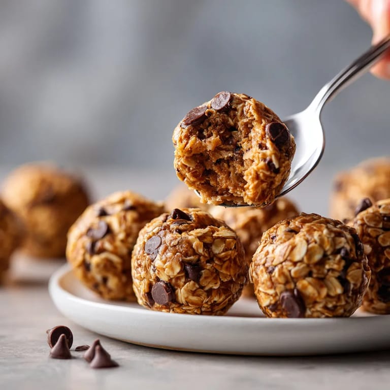 Ein Handgelenk greift nach einem Oat Energy Bite, der aus Peanut Butter und Oatmeal besteht.