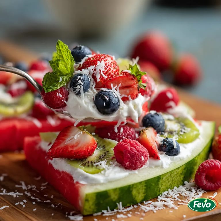 Eine prägnante Bildbeschreibung für das Bild "Watermelon "Pizza"": Eine Watermelon "Pizza" mit verschiedenen Zutaten wie Strawberries, Blueberries, Kiwi und Kokosnuss.