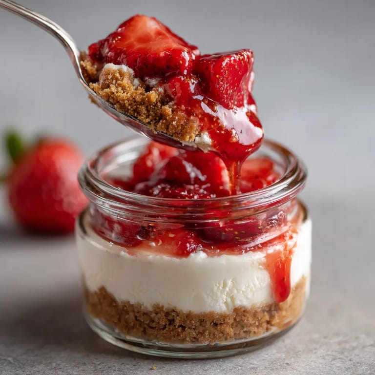 Ein Glas mit Strawberry Cheesecake, das mit einer Gabel gestochen wird.