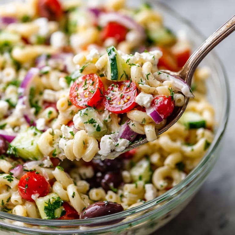 Ein Glas mit einer Mischung aus Pasta, Tomaten, Zwiebeln, Oliven und Feta-Käse.