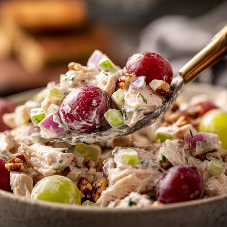 Ein Schalen mit Chicken Salat und Grapes.