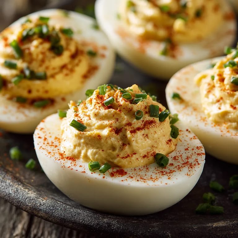 Ein Platter mit sechs Deviled Eggs, die mit Mayonnaise und Kräutern garniert sind.
