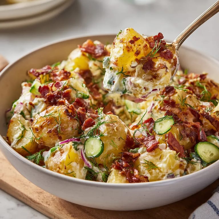 Ein weißer Teller mit Crunchy Potato Salad, der mit Crispy Bacon und frischen Kräutern zubereitet wurde.