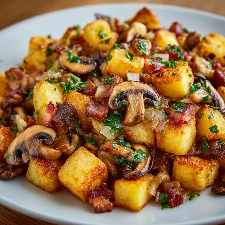 Eine Platte mit Bratkartoffeln und Champignons Sauvages.