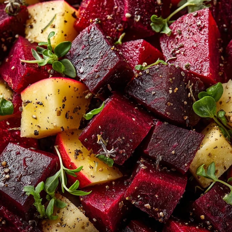 Eine Salade aus roten Beeren, die mit Kräutern und einer Pfefferkörner garniert sind.