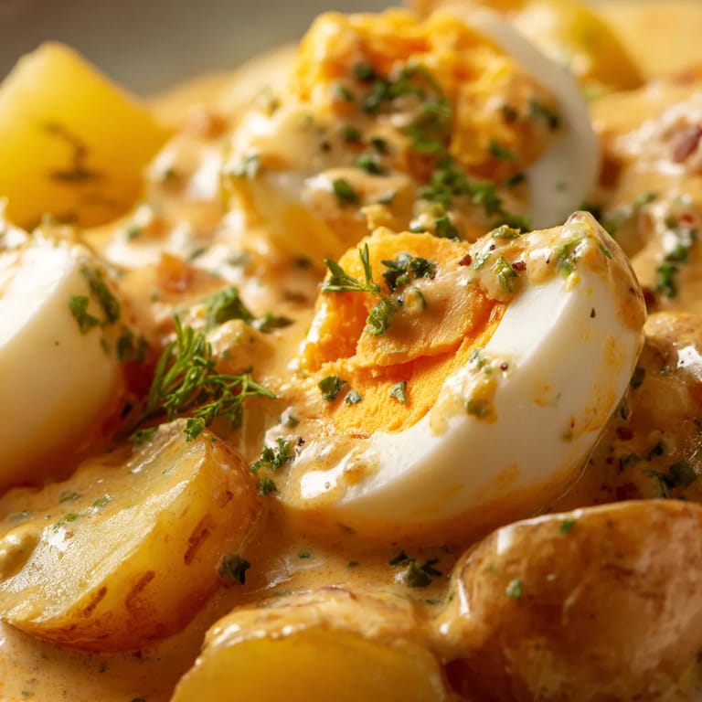 Eine Platte mit Saure Eiern und einer Sauce darüber.