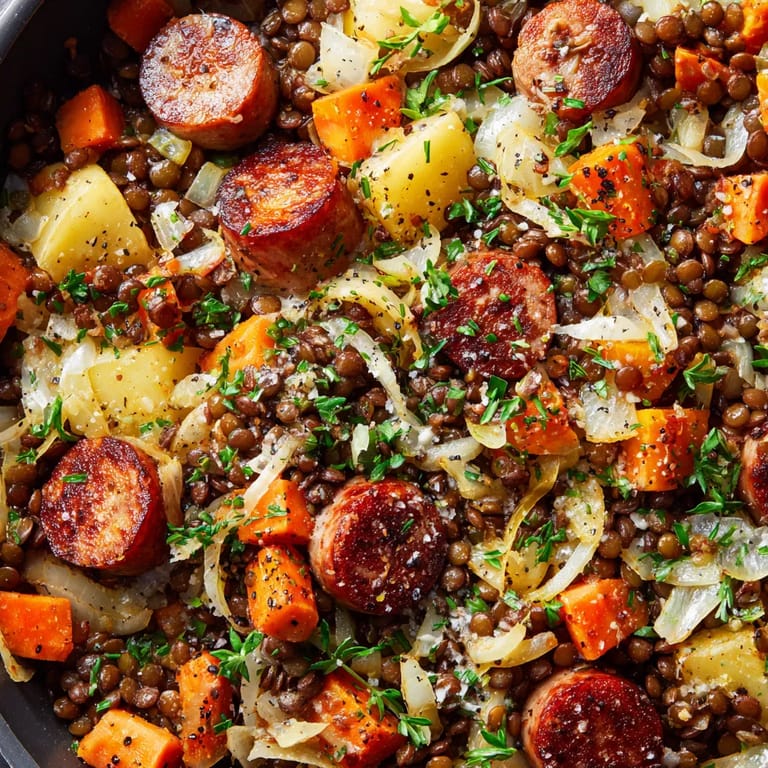 Eine Pfanne mit einer Mischung aus Linsen, Spätzle und Zwiebeln.