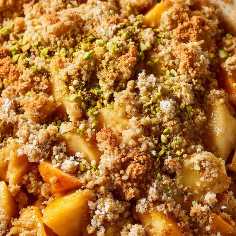 Ein Bratapfel-Crumble mit Marzipan, der in einer Schüssel serviert wird.