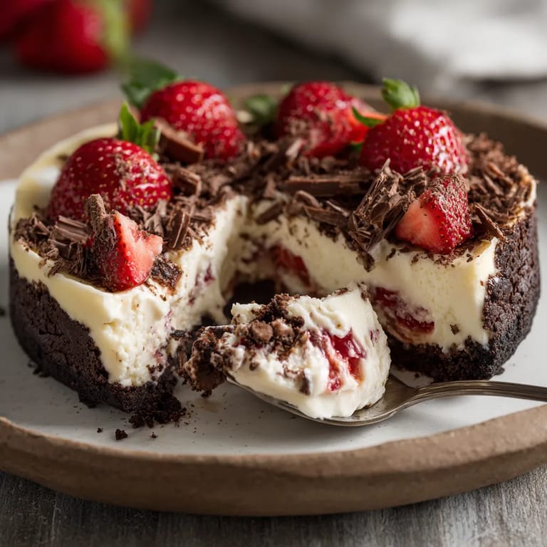 Ein Schokoladen-Erdbeer-Wirbel-Käsekuchen auf einem Teller.