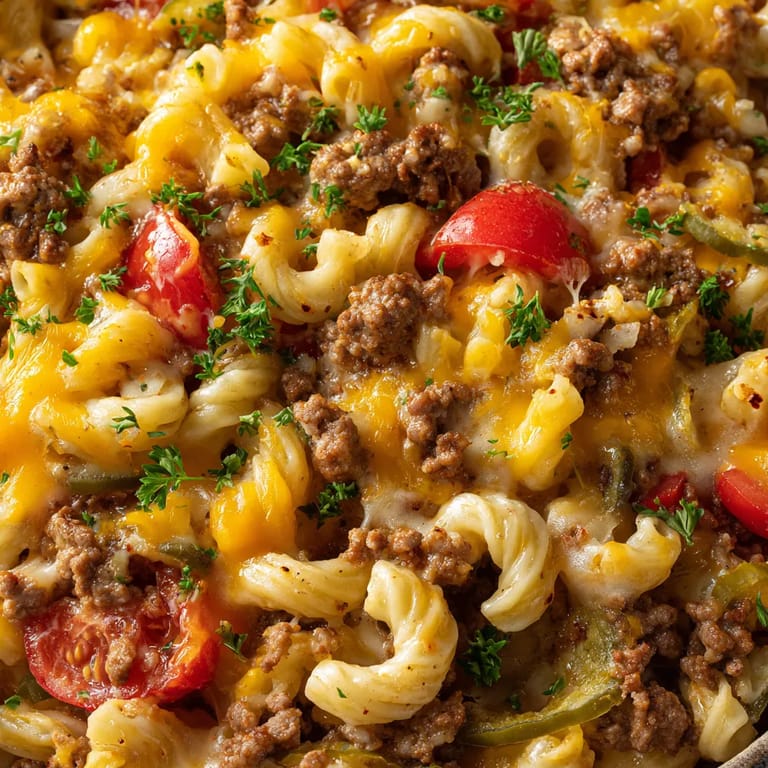Ein Cheeseburger-Auflauf mit macaroni, tomaten, paprika, zwiebeln und käse.