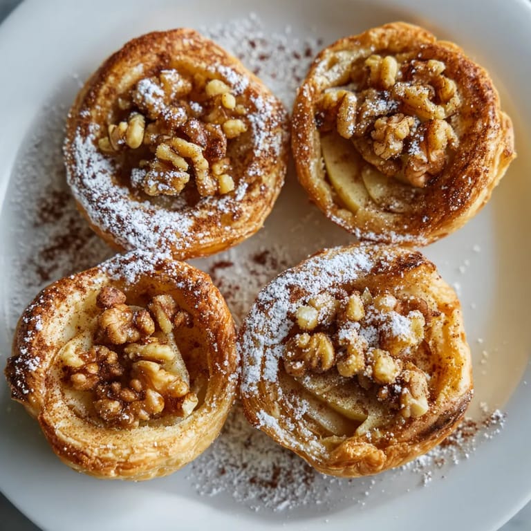 Ein weißer Teller mit Bratapfel-Törtchen, die mit Nuss-Marzipan-Füllung zubereitet sind.