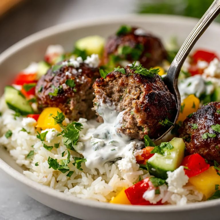 Ein Griechischer Fleischballen-Bowl mit verschiedenen Zutaten wie Rice.
