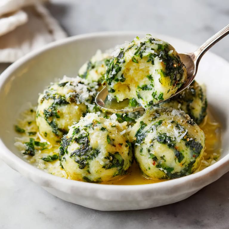 Ein weißer Teller mit Südtiroler Spinatknödel.