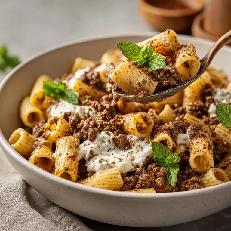 Ein Teller mit Türkische Pasta, die mit Hackfleisch und einer Joghurt-Sauce garniert ist.