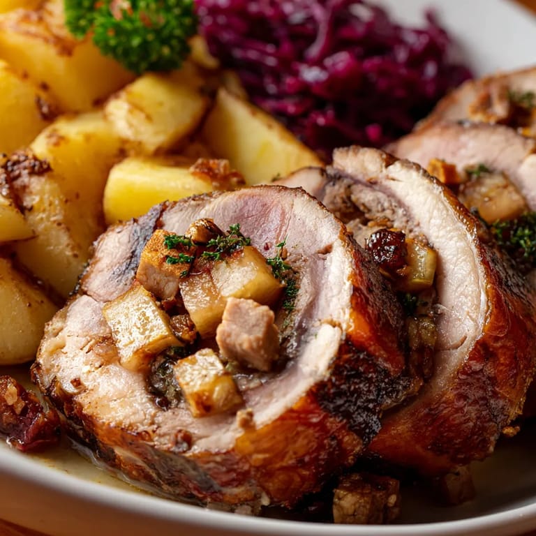 Ein Plate mit Saumagen, Maronen und Weihnachtsbier.