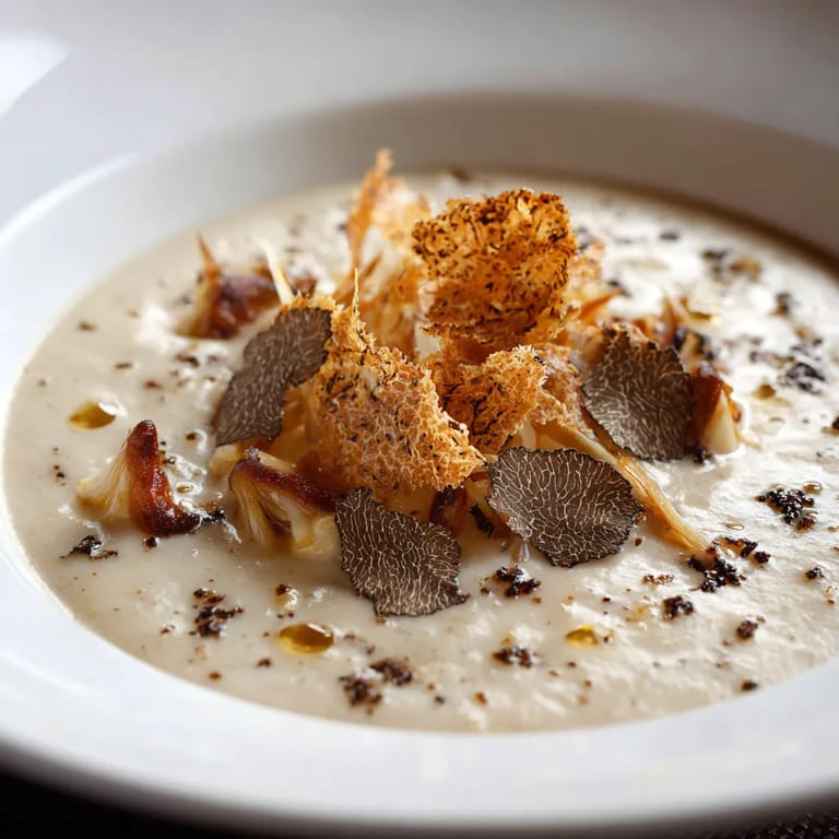 Ein weißer Teller mit einer Mischung aus Velouté Fumé de Pommes de Terre & Hochepot Forestier.