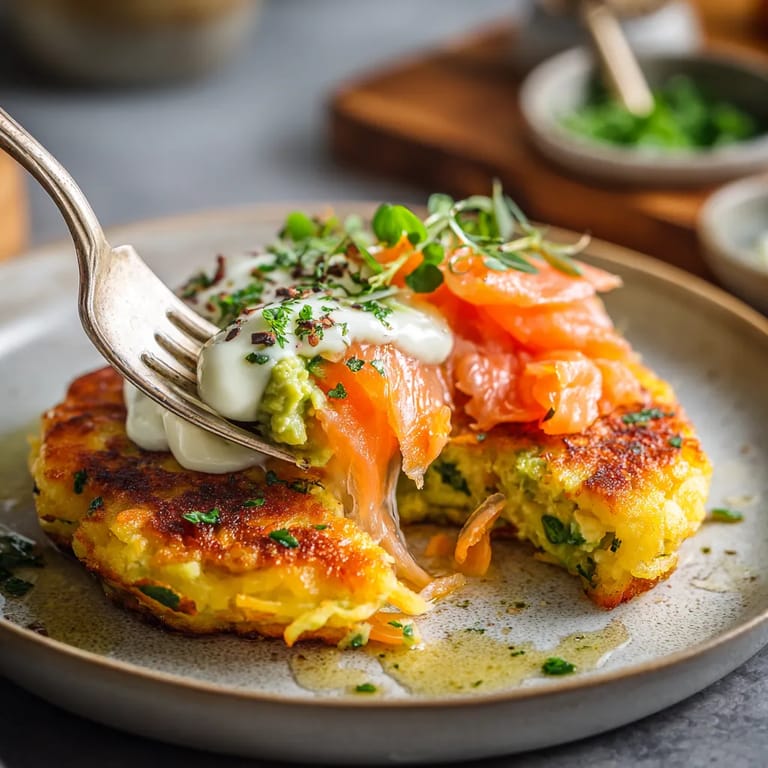 Ein Kartoffelpuffer mit Avocado-Kräutercreme und Räucherlachs auf einem Teller.