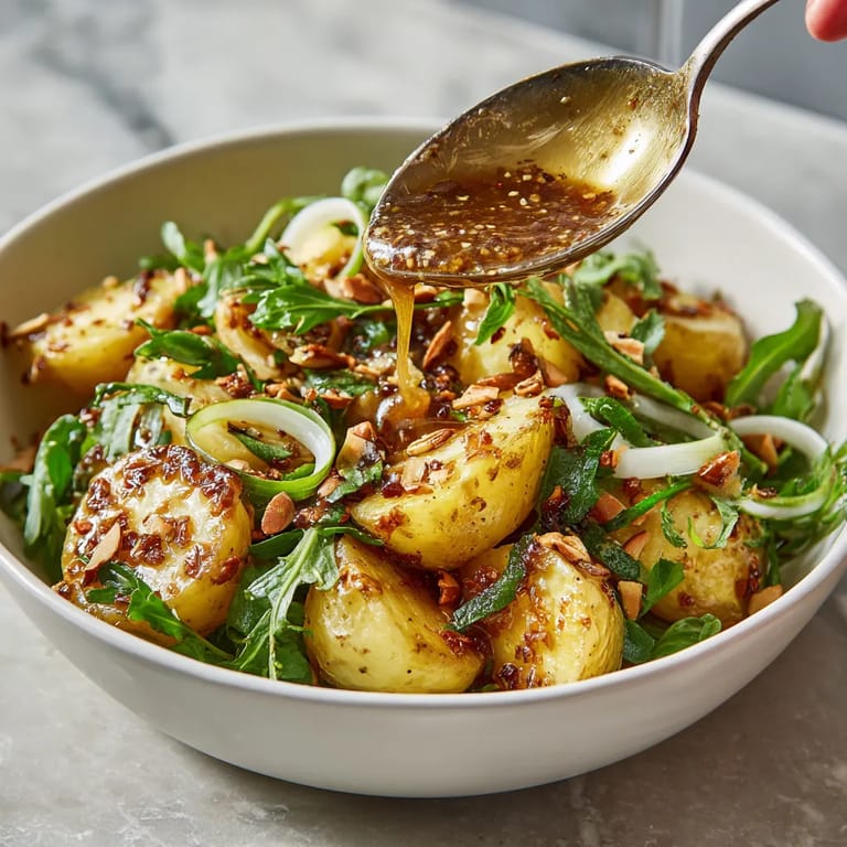 Ein weißer Kartoffelsalat mit gerösteten Mandeln, Honig und Senf.