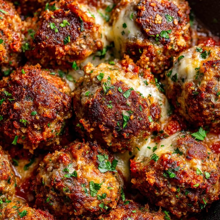 Eine Schüssel mit Frikadellen, die mit Mozzarella-Kernen und Tomaten-Kräuter-Kruste garniert sind.