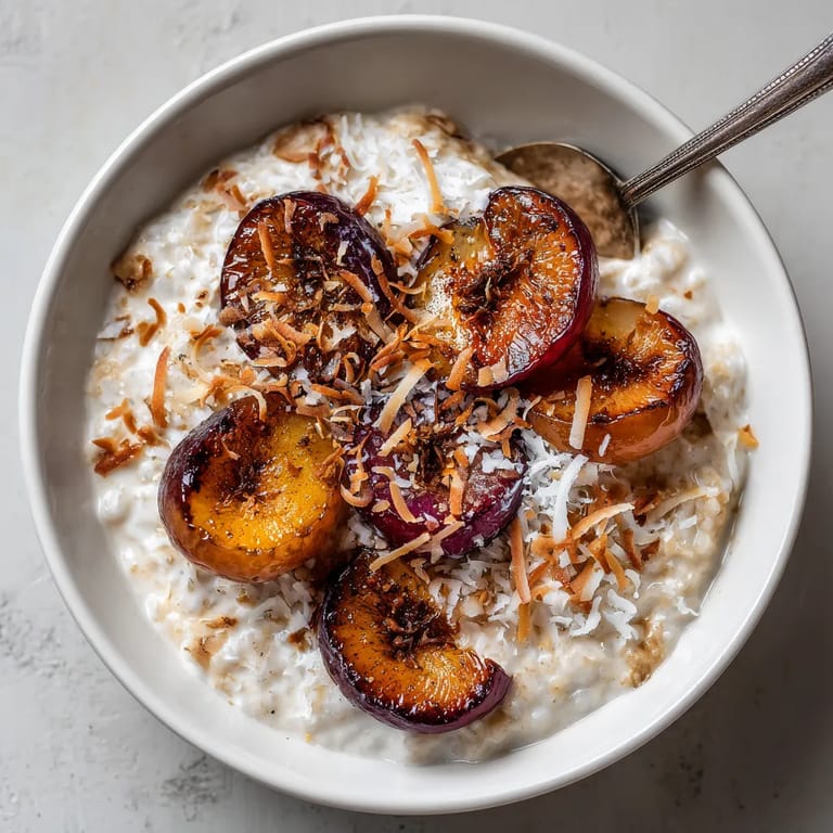 Ein weißer Teller mit Cremiger Milchreis, Kokosmilch, Zimt und karamellisierten Pflaumen.