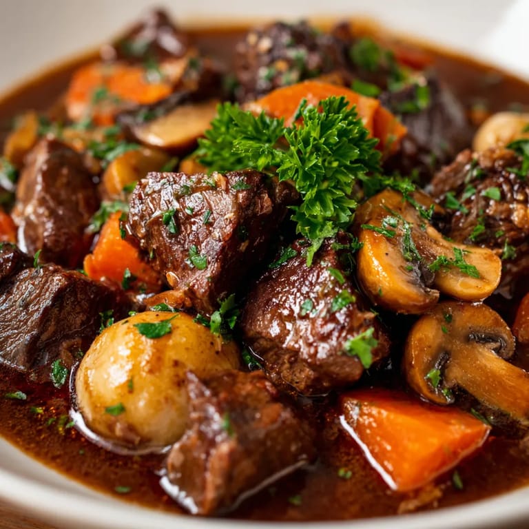 Ein Deftiger Gulasch mit Pilzen und Rotwein in einem weißen Teller.