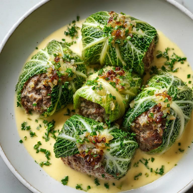 Ein Plate mit gegrilltem Wirsing-Rouladen in einer Senfsauce.