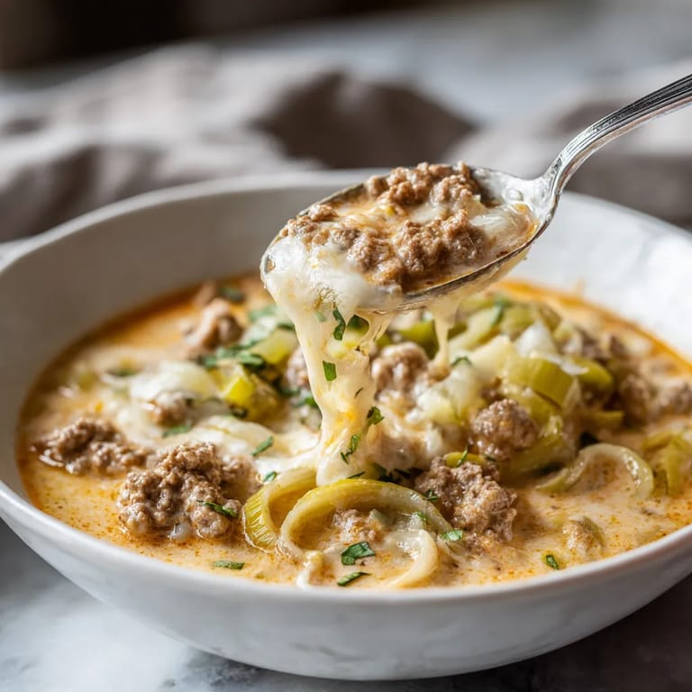 Ein weißer Teller mit einer Käse-Lauch-Suppe, die mit Hackfleisch garniert ist.