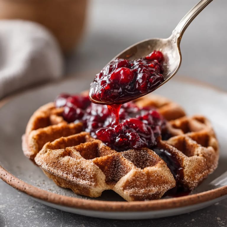 Eine Waffel mit Kirschkompott auf einem Teller.