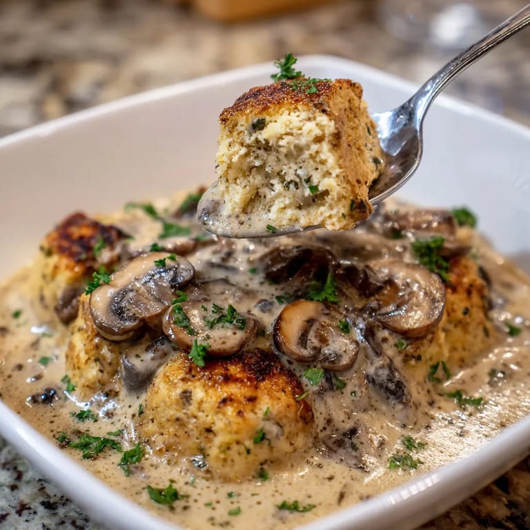 Ein Semmelknödel mit Pilzrahmsoße in einem weißen Teller.