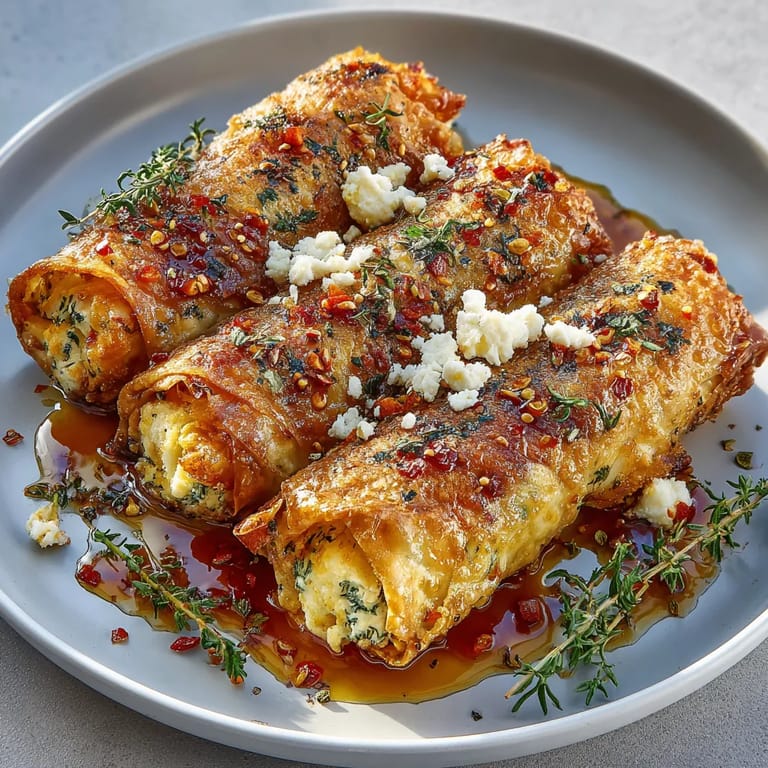 Ein Plate mit Ofen-frittierten Feta-Rollen, die mit Chili-Honig garniert sind.