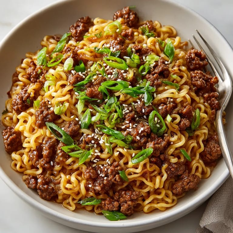 Ein weißer Teller mit Mongolischen Nudeln und Hackfleisch.