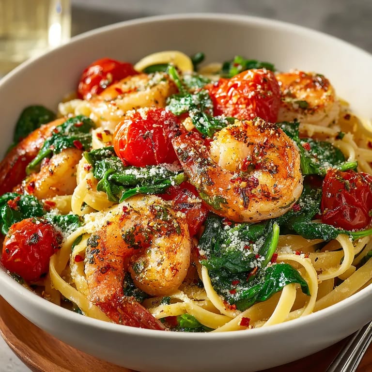 Ein Bogen Spaghetti mit Tomaten und Spinat.