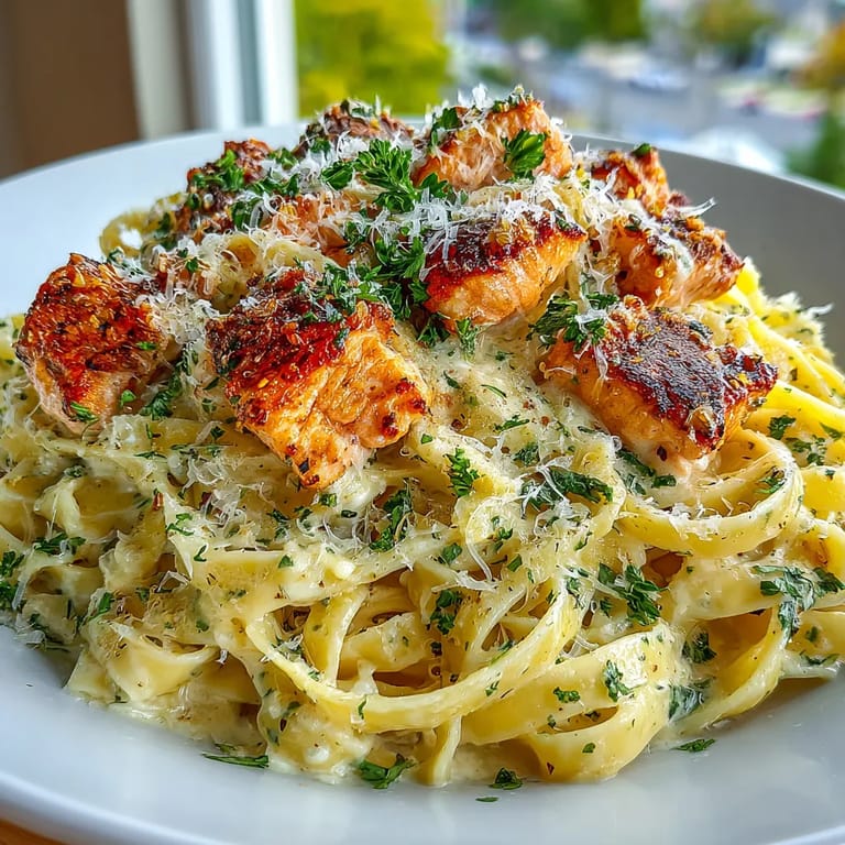 Ein weißer Teller mit Lachs-Fettuccine Alfredo.