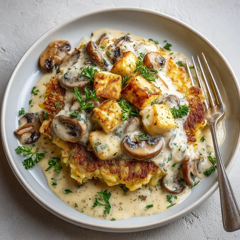 Ein weißer Teller mit einer Mozzarella-Rösti, die mit Zwiebeln und Pilzen garniert ist.