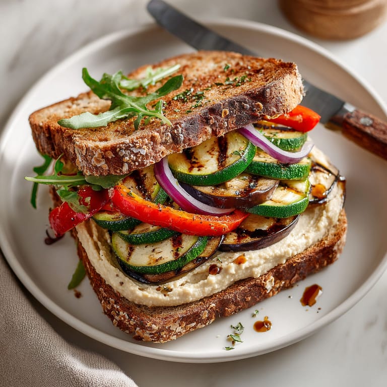 A grilled vegetable sandwich with a knife on the side.