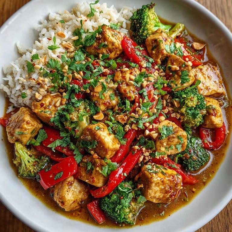A plate of food with rice, broccoli, and peppers.