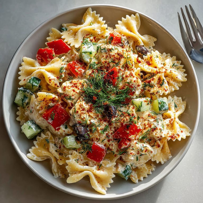 A plate of pasta with tomatoes, olives, and cheese.